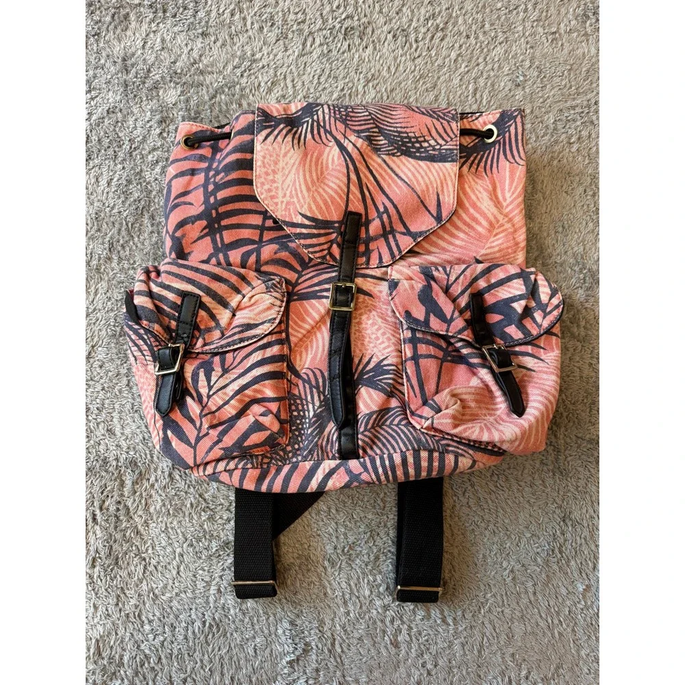 Tropical Palm Leaf Canvas Backpack Pink Black Summer Bohemian Medium Daypack Bag
